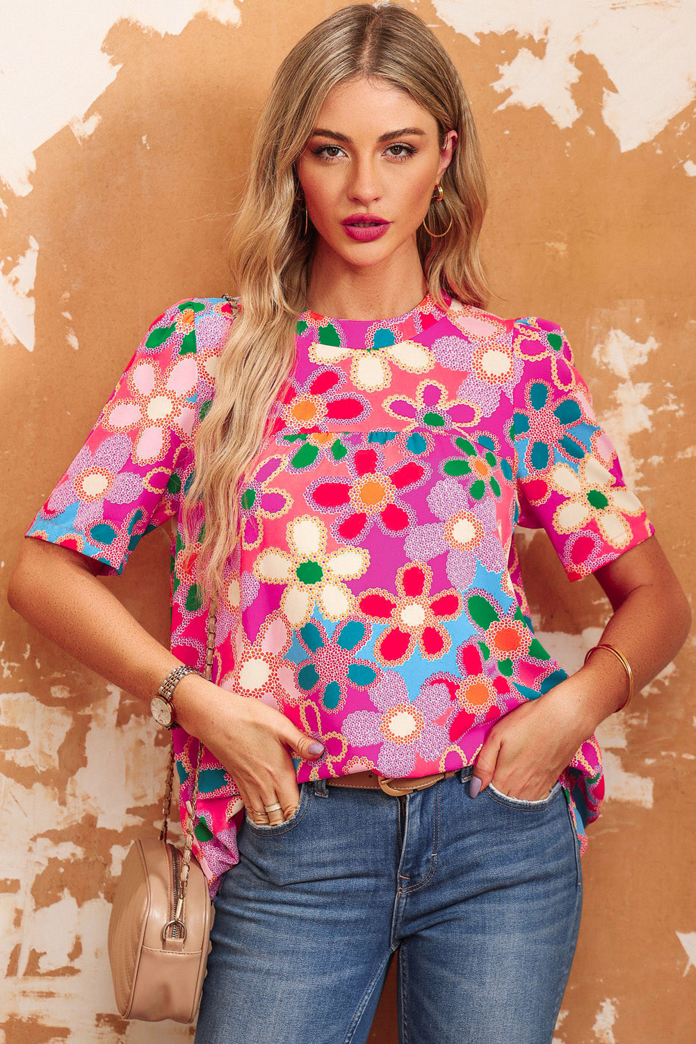 Paarse boho bloemenprint top met korte mouwen en bladerdeeg