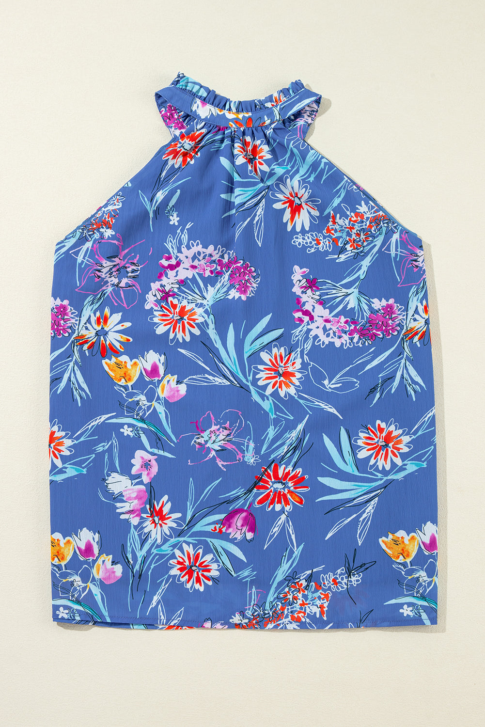 Hemelsblauwe tanktop met bloemenprint en knoopsluiting
