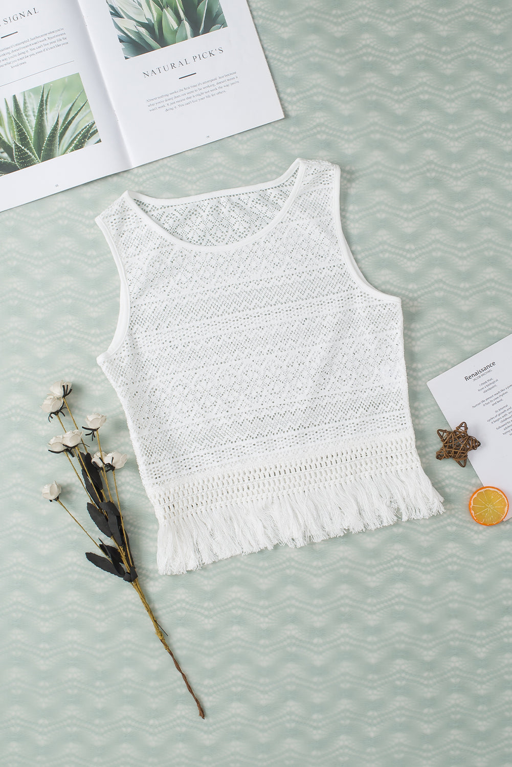 Witte kanten gehaakte, uitgeholde tanktop met franjes