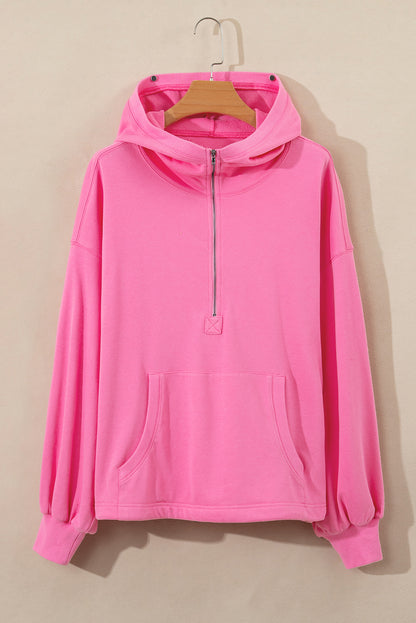Black Solid Kangaroo Pocket Half Zipper Oversized Hoodie