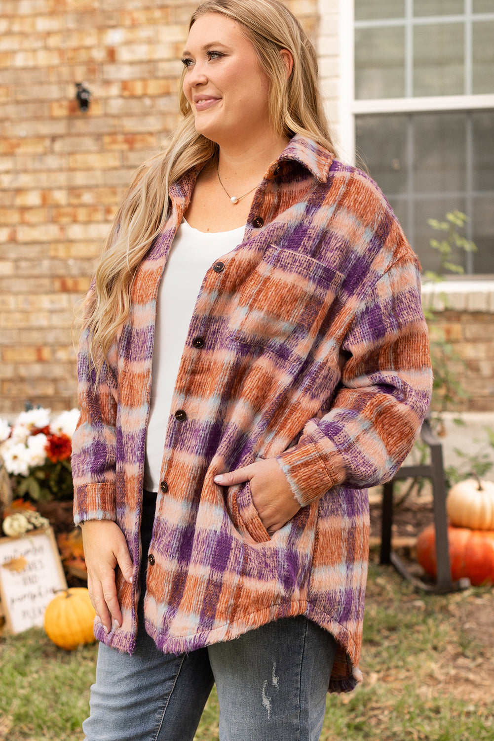 Multicolour plus size plaid print collared button up jas