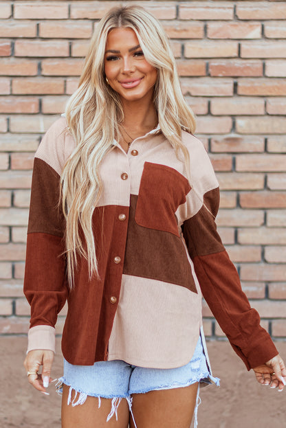 Kaneel Colorblock Corduroy shacket met gebogen zoom en zak