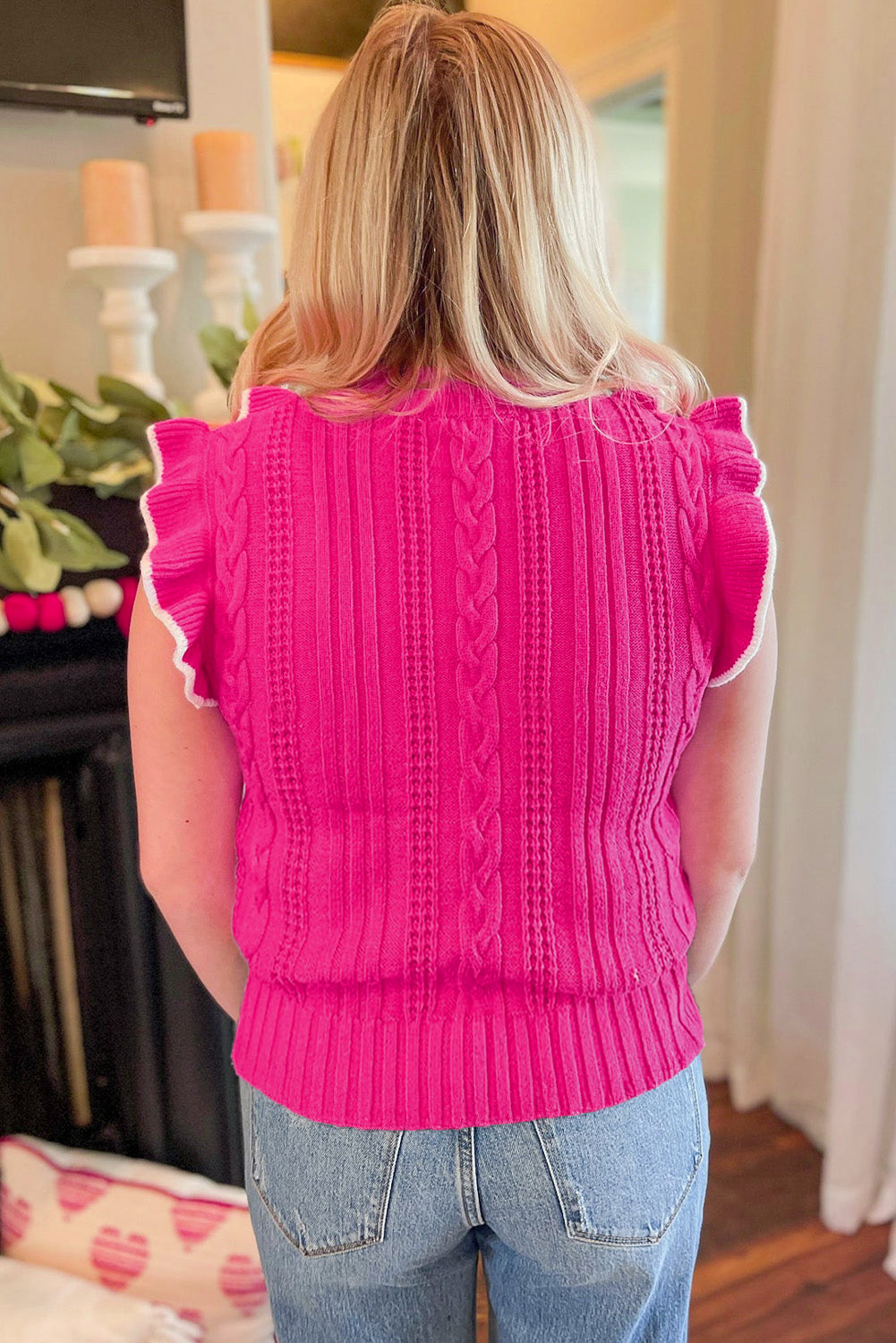 Aardbeienroze getextureerde gebreide tanktop met ruches en nephals