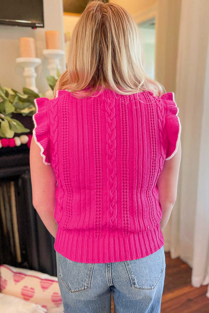 Aardbeienroze getextureerde gebreide tanktop met ruches en nephals