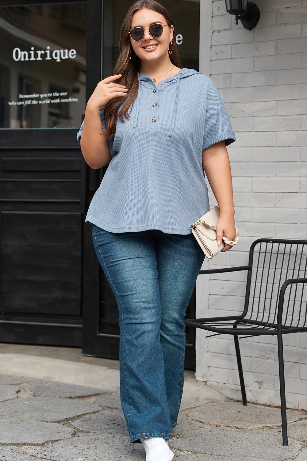 Ashleigh Blue Plus size wafelgebreide hoodie met korte mouwen en trekkoord