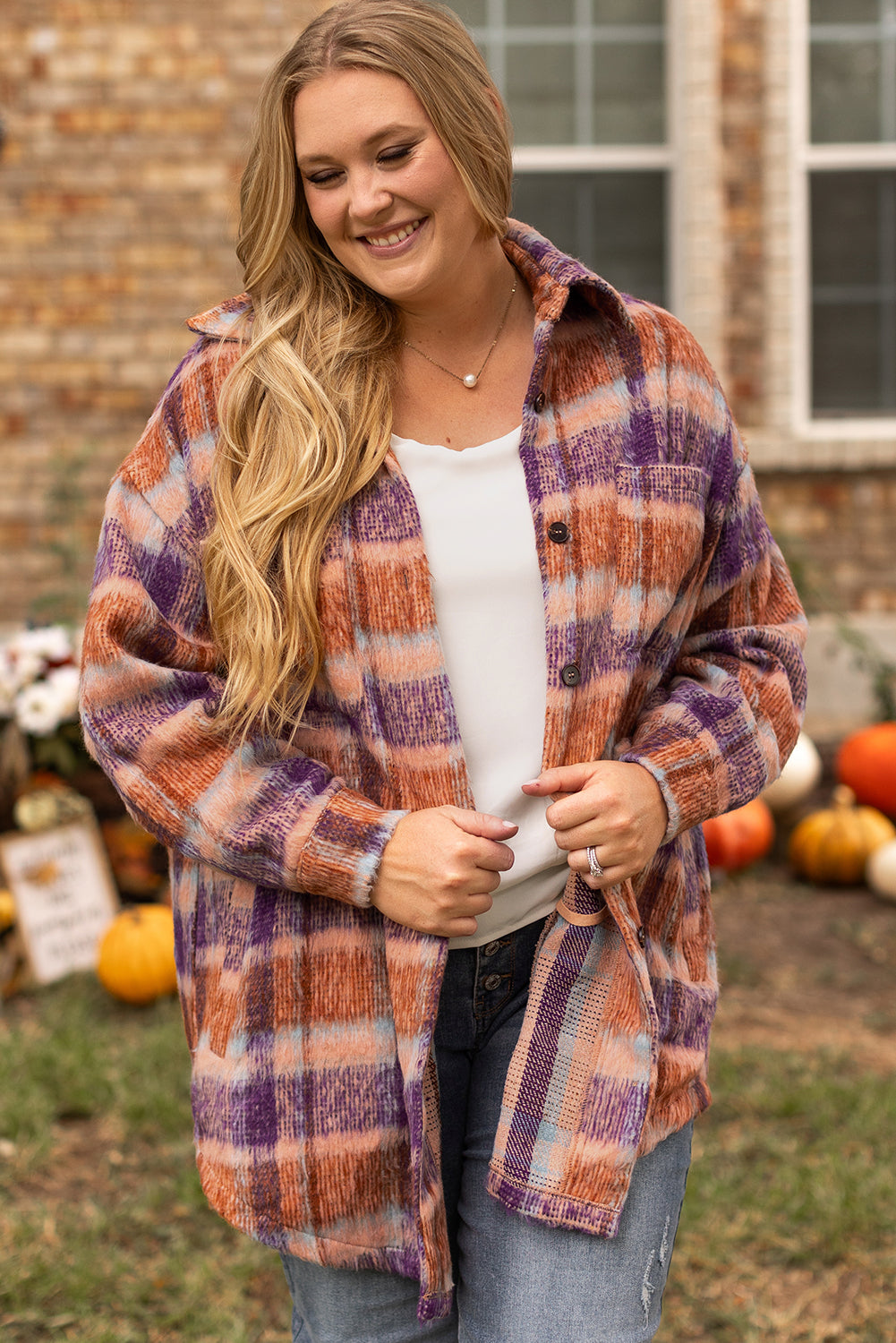 Multicolour plus size plaid print collared button up jas