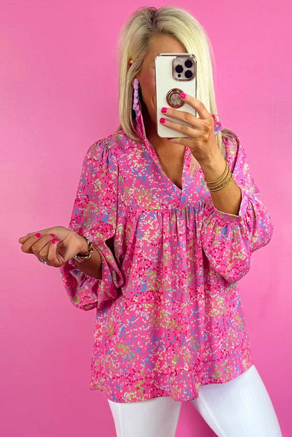 Bonbon Babydoll-blouse met abstracte print en kraag met V-hals