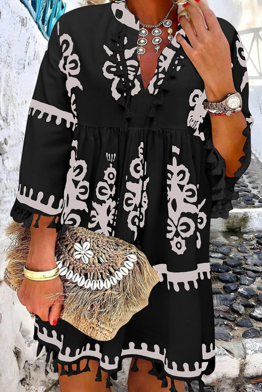 Zwart plus size westelijke bloemenprint franjes velhals jurk