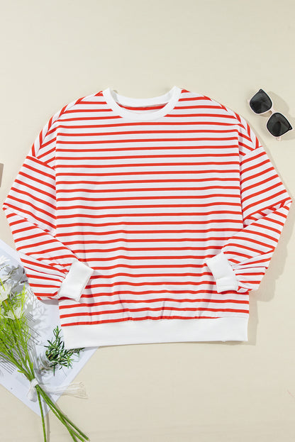 Oranje gestreept los sweatshirt met lage schouder en ronde hals