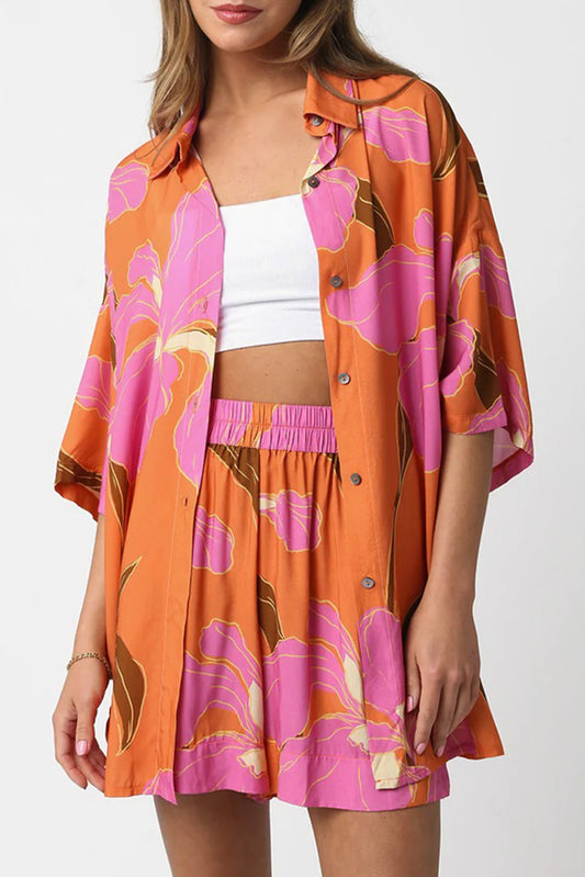 Roodbruine oranje bloemenprint tuniek shirt en shorts set