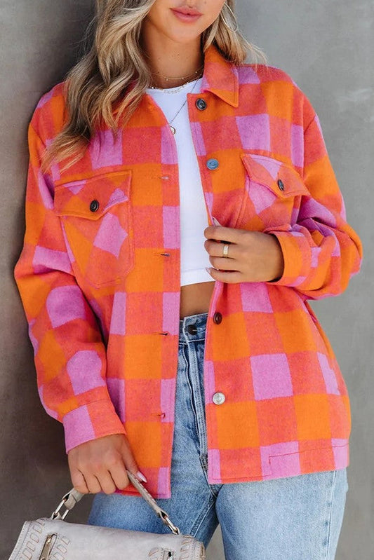 Oranje plaid borstzakken knop-up schakel kraagjack af