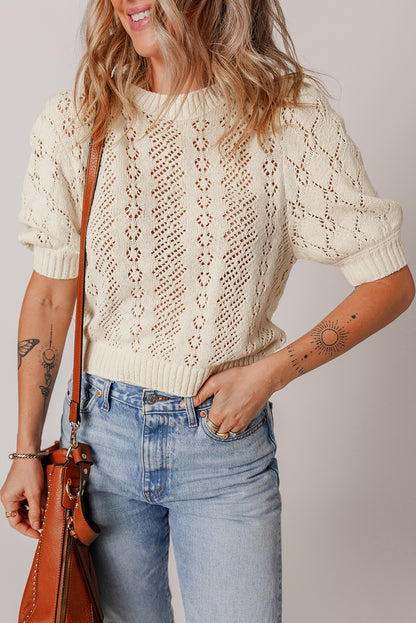Beige uitgehold patroon gebreide korte puff mouw trui