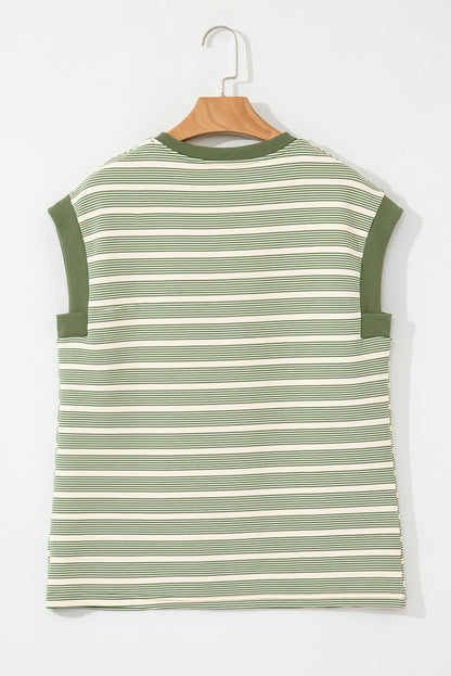 Green Stripe Contrast Edge Short Batwing Sleeve T Shirt
