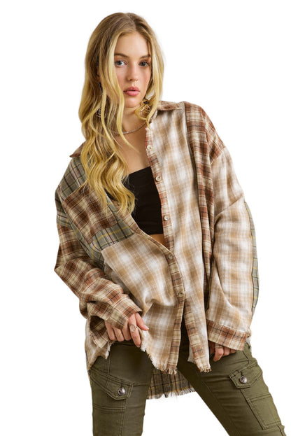 Bruin multi-geruit casual overhemd met ruwe rand en patchwork