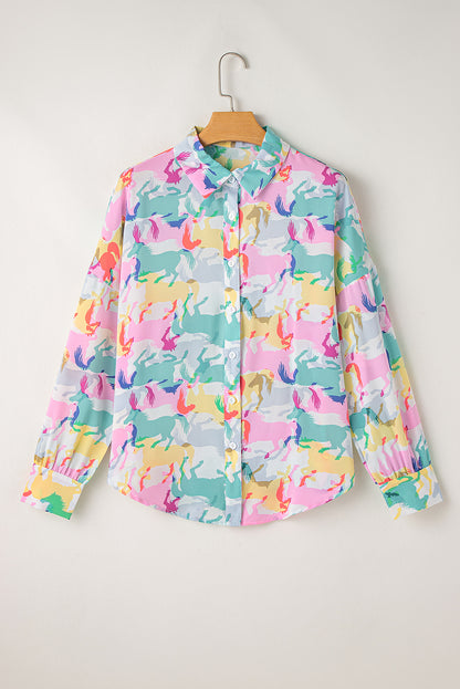Wit kleurrijk paard bedrukte knop met lange mouwen casual shirt omhoog