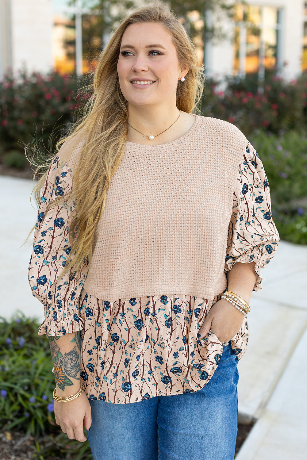 Beige faux tweedelig gebreide patchwork floral print plus size top