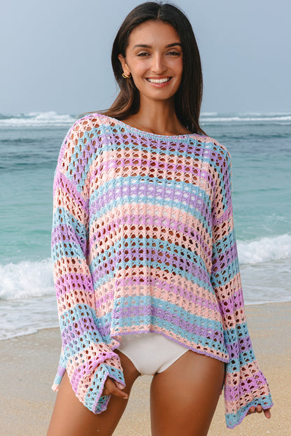 Purple Multi Stripe Open Gebreide trui Beach Cover Up