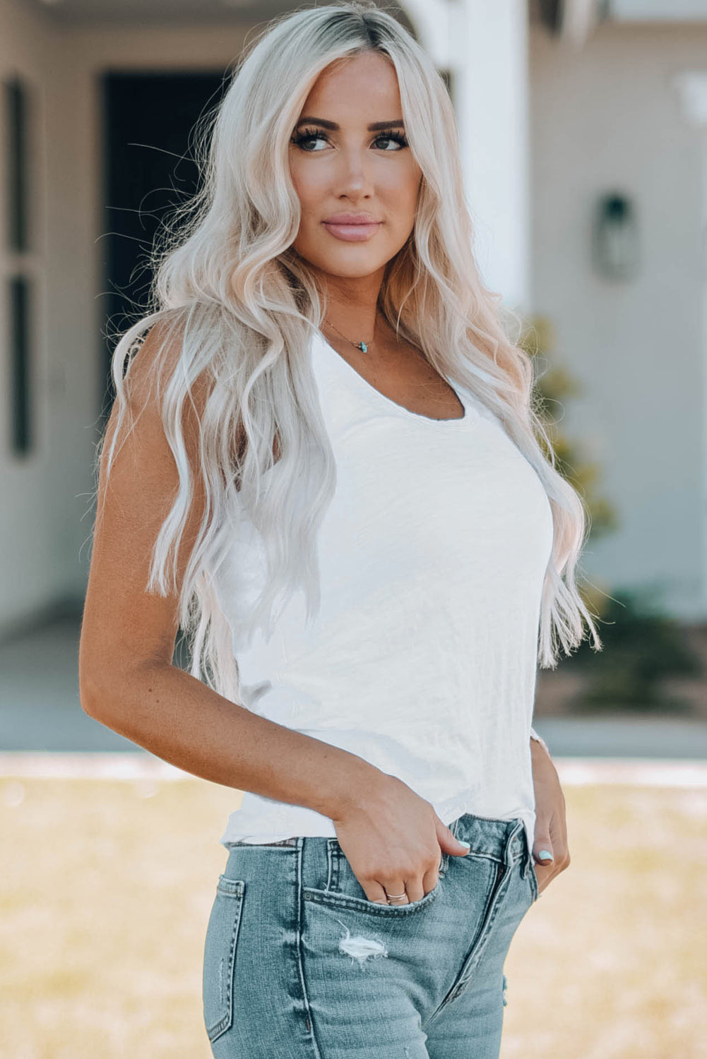 Witte basic effen tanktop met ronde hals
