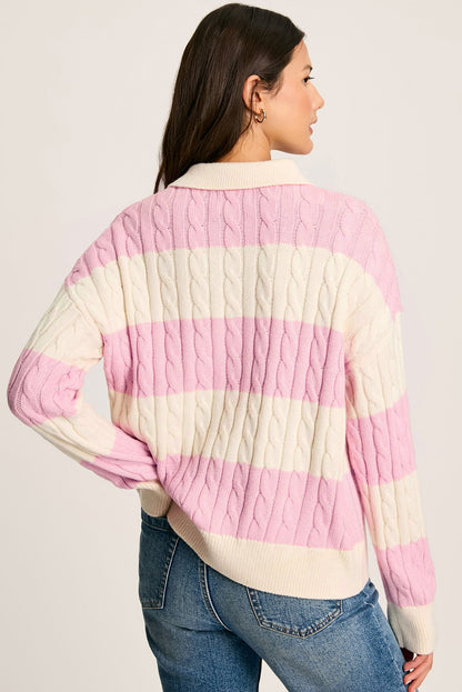 Roze streepkabel gebreide collared henley trui