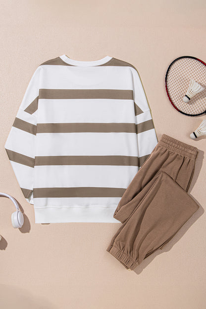 Bruine streep gestreepte druppel schouderpullover en jogger broek set