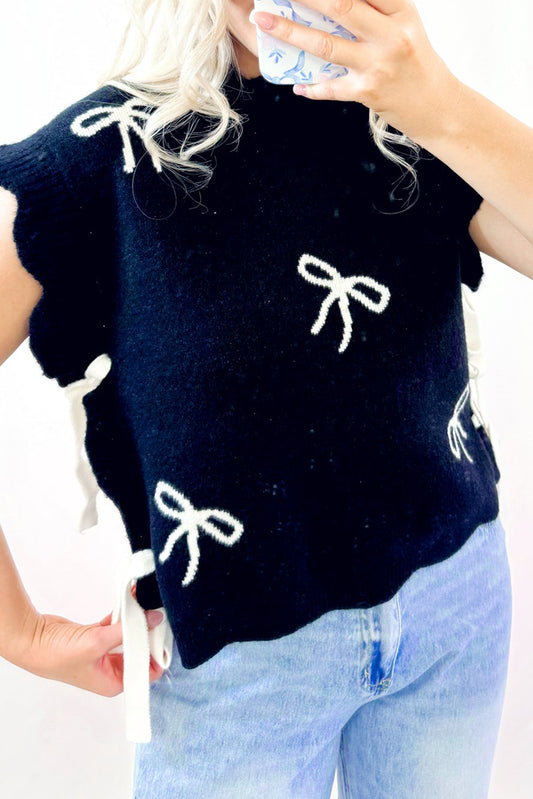 Black Bow Print Side Ties geschulpte zoom trui t -shirt