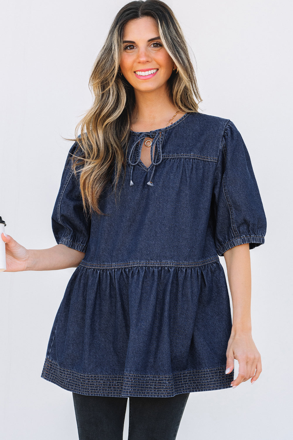 Zeil blauwe puff mouw veter halslijn splicing denim blouse