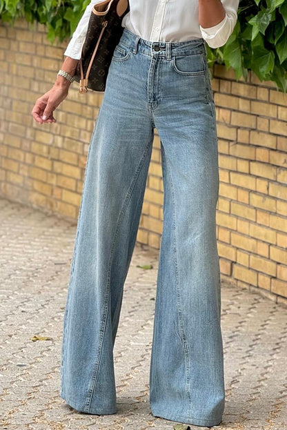 Dusk Blue Acid Wash Extra wijde pijpen, lange jeans met hoge taille
