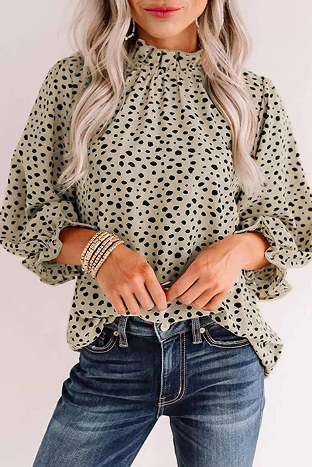 Kaki Cheetah-blouse met 3/4 mouwen en ruches aan de hals