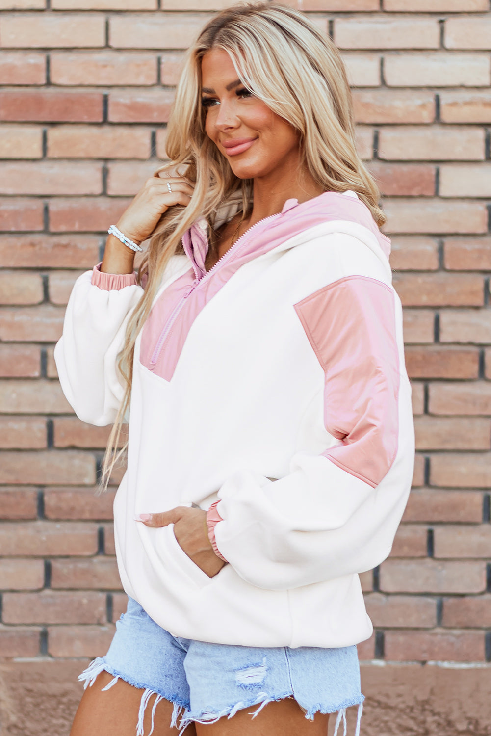 Roze kleurblokpatchwork Half Zip oversized sherpa hoodie