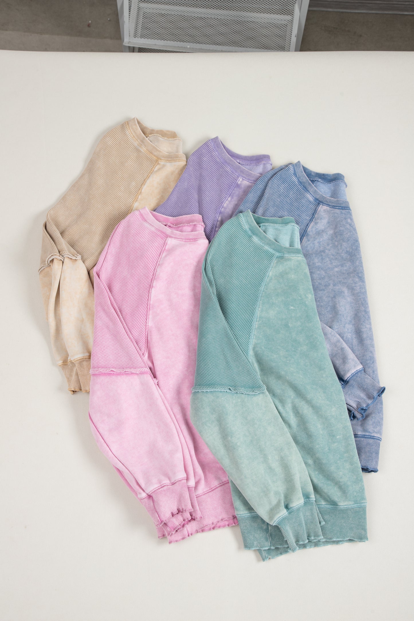 Zeil blauw massief wafel gebreide patchwork raglan mouw sweatshirt