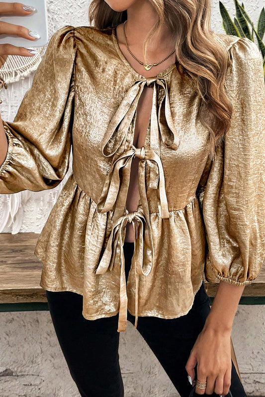 Gouden vlinderdas voorste bladerdeeg 3/4 mouw ruche zoom blouse