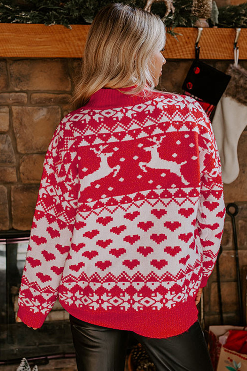 Fiery Red Merry Christmas Rendier Heart Patroon High Neck Sweater