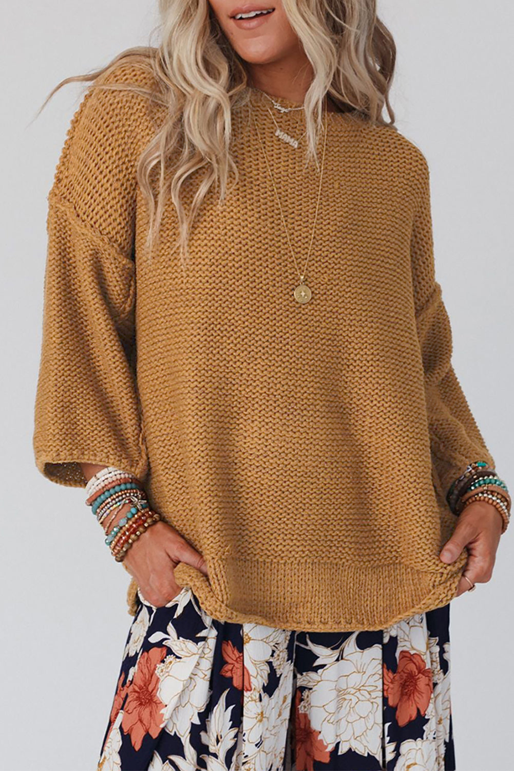 Bruine slouchy getextureerde gebreide losse trui