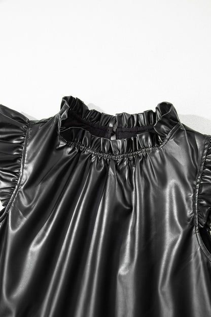Zwarte pu lederen frilly ruches trim blouse