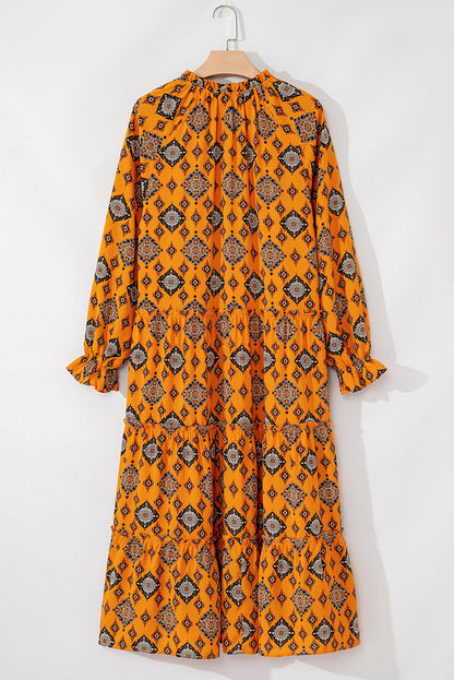 Oranje westerse geometrische print gelaagde frisdress los fit midi -jurk