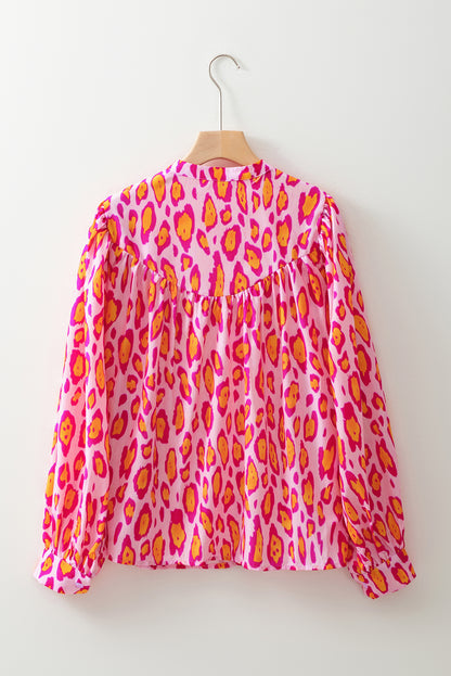 Rose Red Oversized Leopard Print Ballon Sleeve Casual Shirt