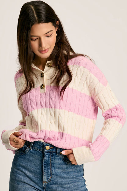 Roze streepkabel gebreide collared henley trui