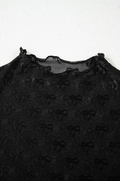 Black Bowknot Sheer Mesh Mock Neck Settuce Trim Short Sleeve Top