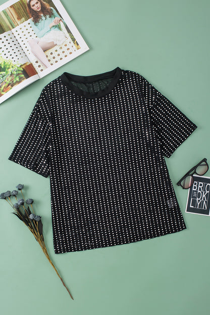 Zwart transparant T-shirt met lage schouder en pailletten