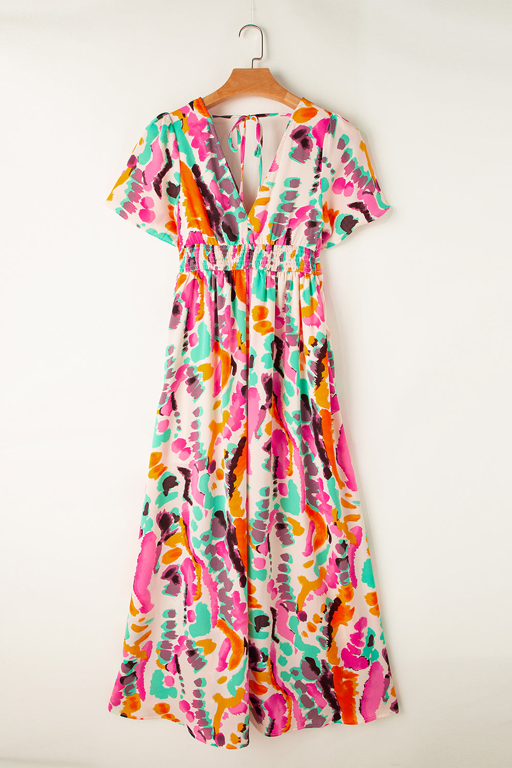 Roze maxi-jurk met boho tie-dye print en V-hals