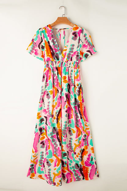 Roze maxi-jurk met boho tie-dye print en V-hals