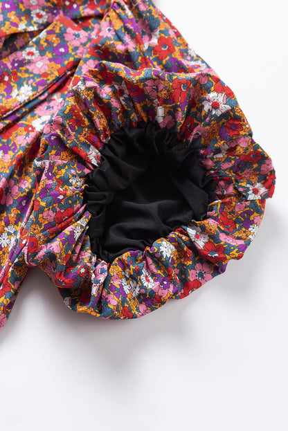 Paarse bloemenprint geknoopte blouse met hoge hals en pofmouwen