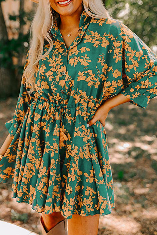 Groene bloemenprint Drawtring Tuniek Flowy Short Dress