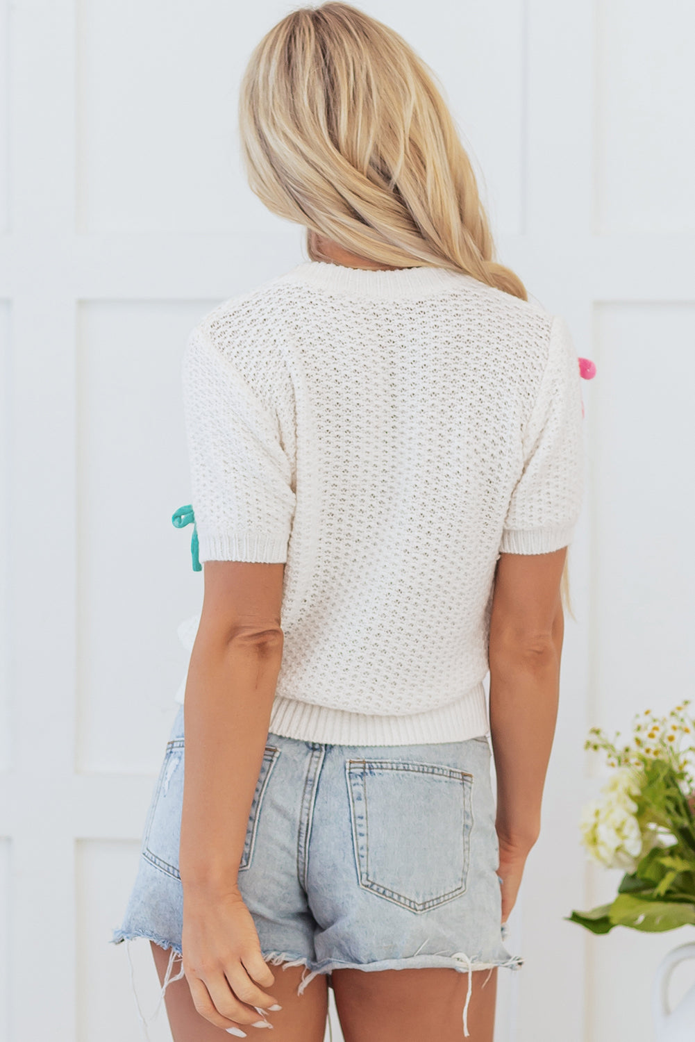 Wit kleurrijke boog gebreide mockhals sweater met korte mouwen