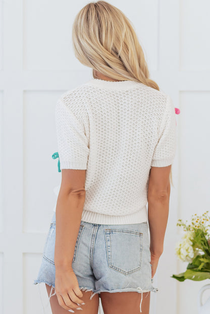 Wit kleurrijke boog gebreide mockhals sweater met korte mouwen