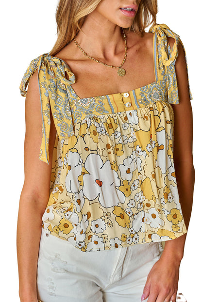 Gele bloemen patchwork tanktop met vastgebonden bandjes en knopen