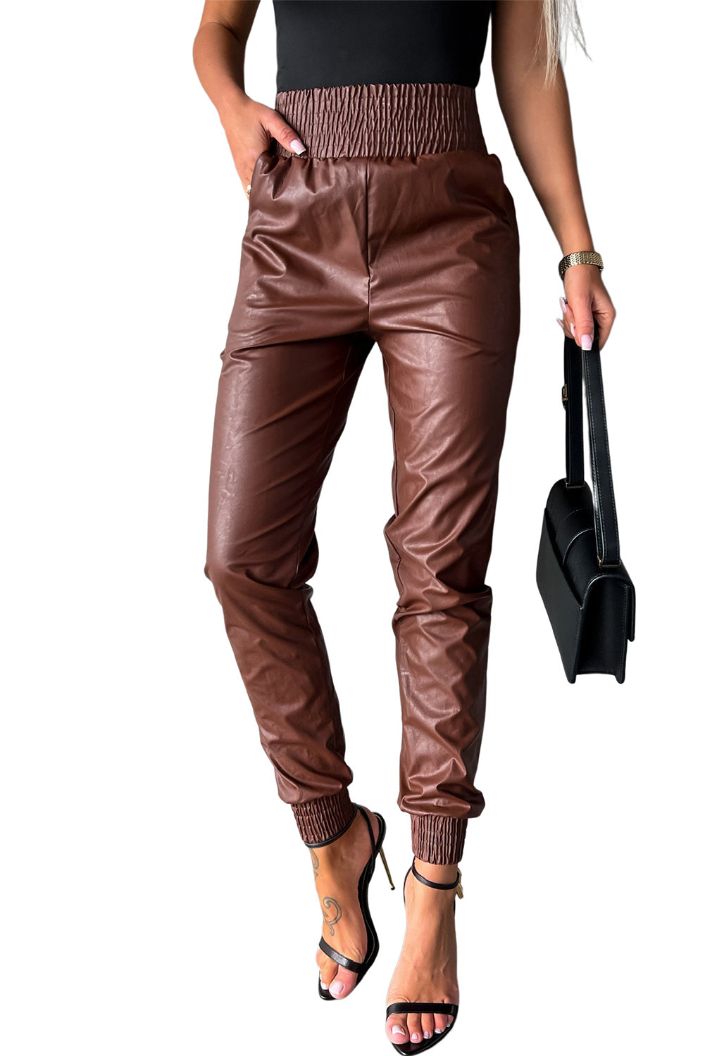 Bruine gesmokte leren skinny broek met hoge taille