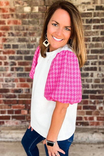 Witte contrasterende tweed top met pofmouwen
