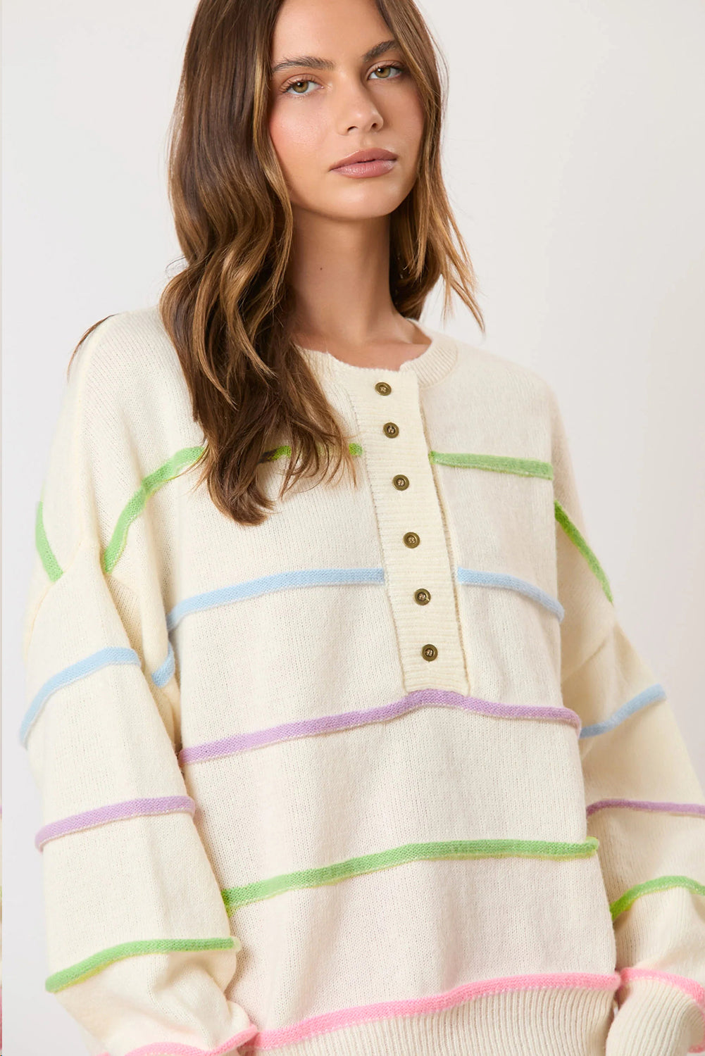Witte regenboogstrepen laten schouderbaggy henley trui