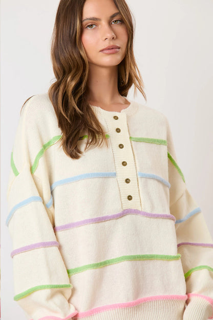Witte regenboogstrepen laten schouderbaggy henley trui